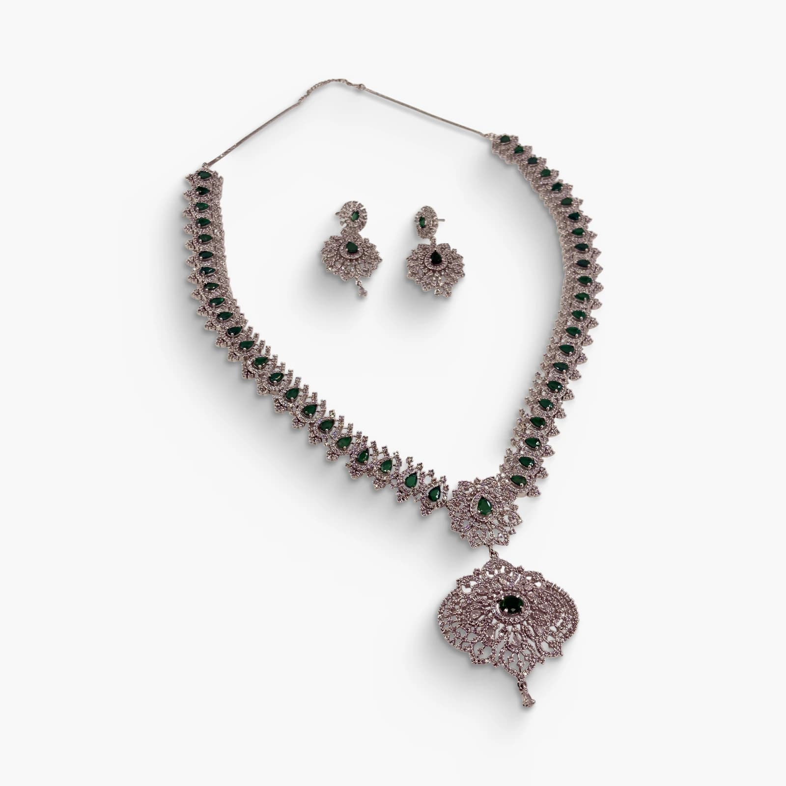Green AD Silver-Toned Necklace Set