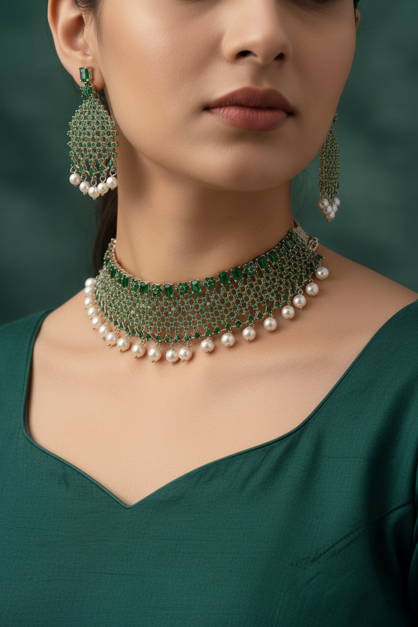 ' AD necklace set  green stones