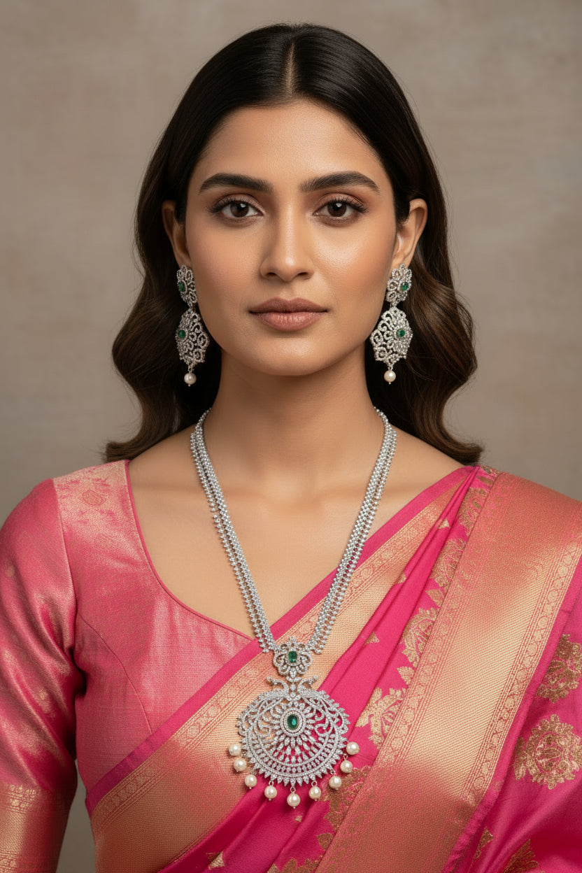 Long Necklace set  white AD stones and emerald green stone