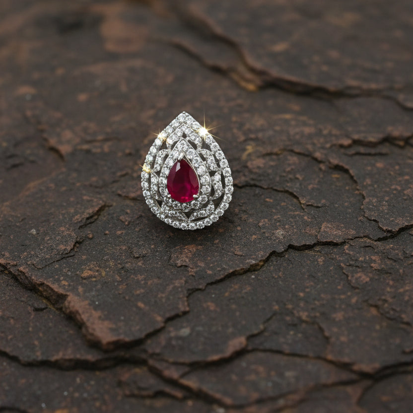 Leaf style finger ring with white AD and pink stone