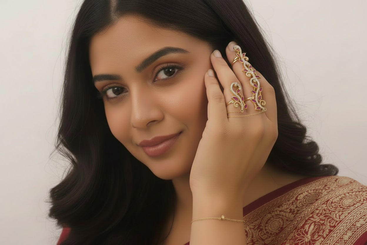 Pink stone and white diamond finger ring set