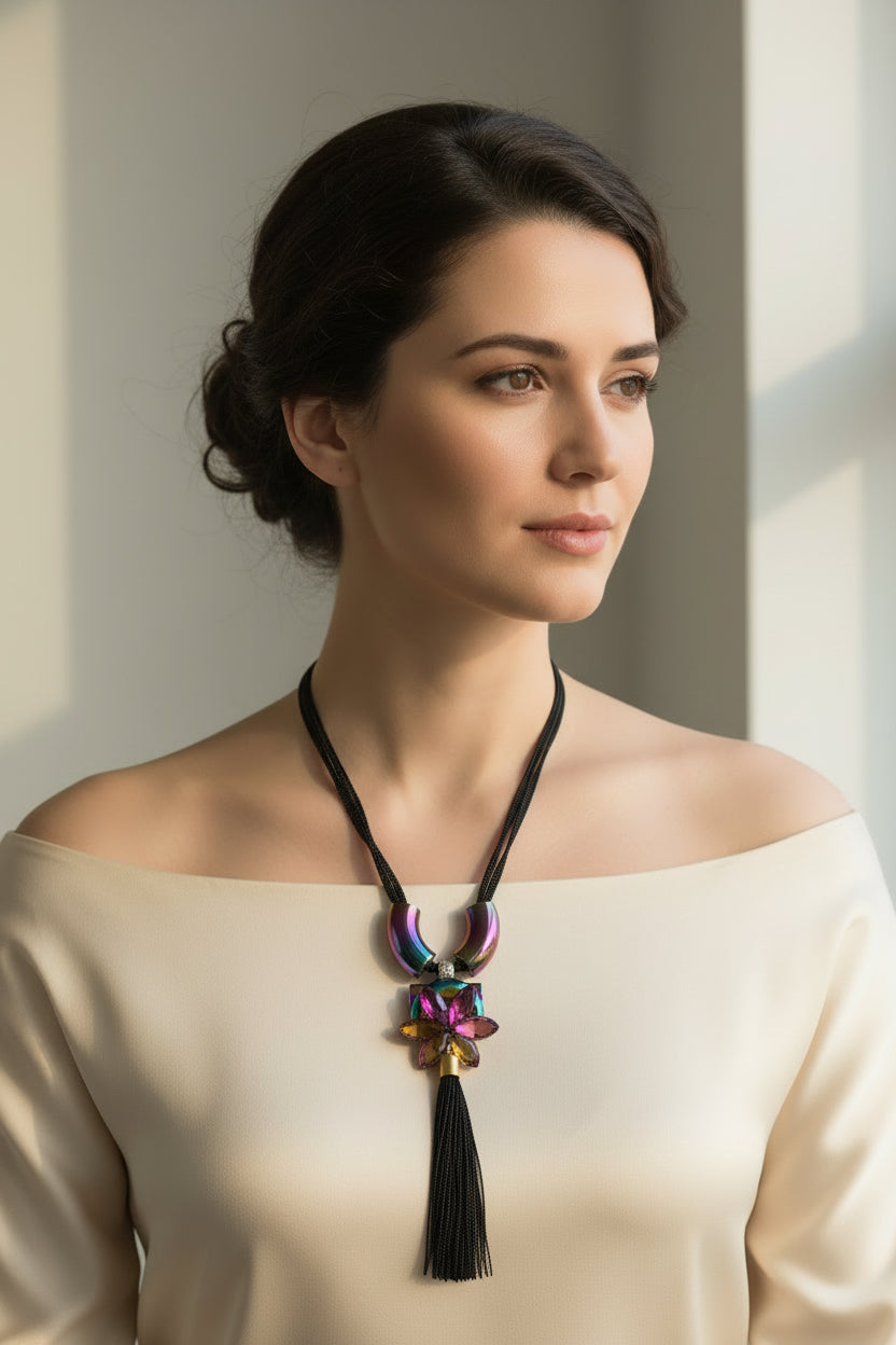 Necklace with a colorful bead on a beige background
