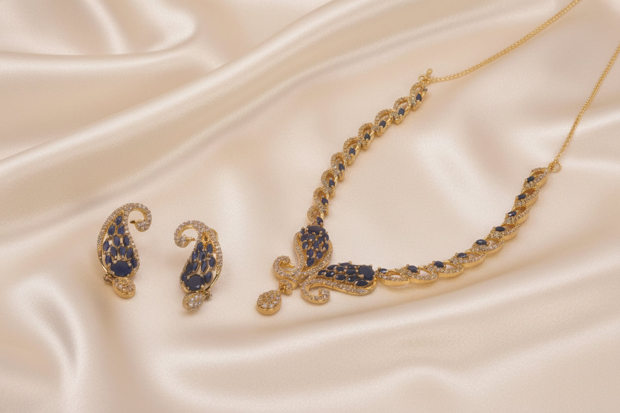 Golden necklace set with Blue stones and diamond
