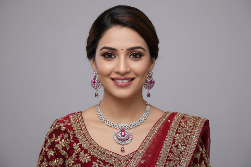 .diamond necklace set with pink stones